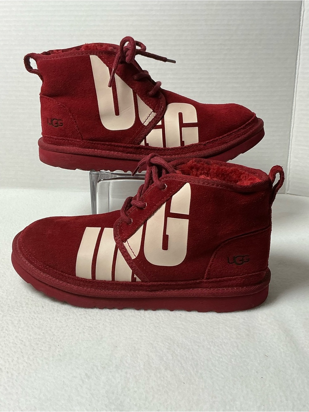 UGG Neumel Chopd Graphic Samba Red Suede Boots Kids 6